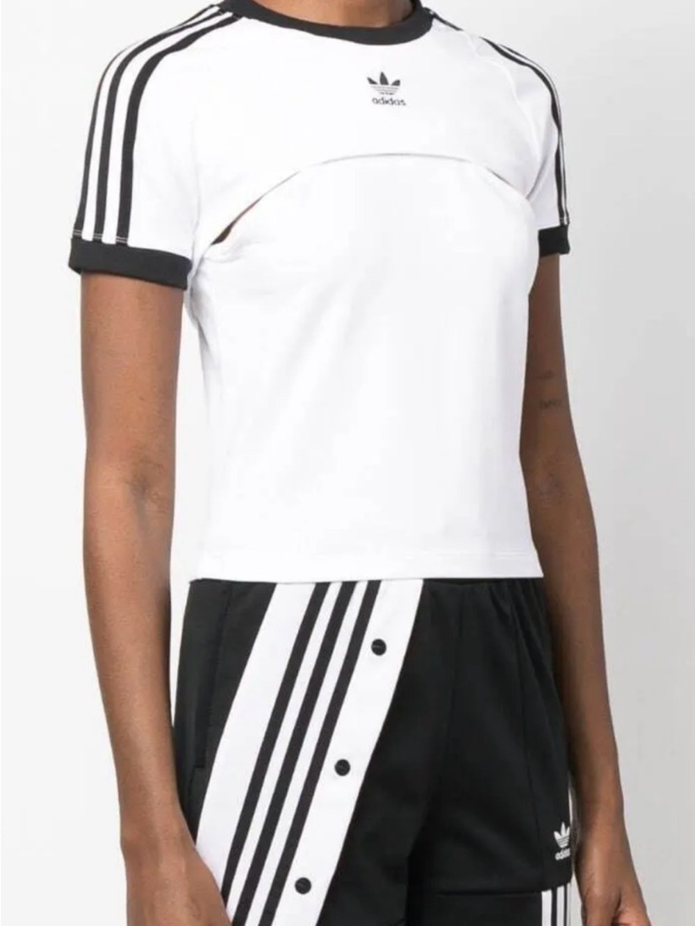 adidas White Crop Tee with Black Trim and Stripes